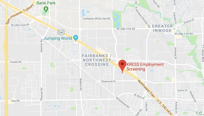Map showing the KRESS Employment Screening office at 13105 Northwest Freeway, Suite 1050, Houston, Texas